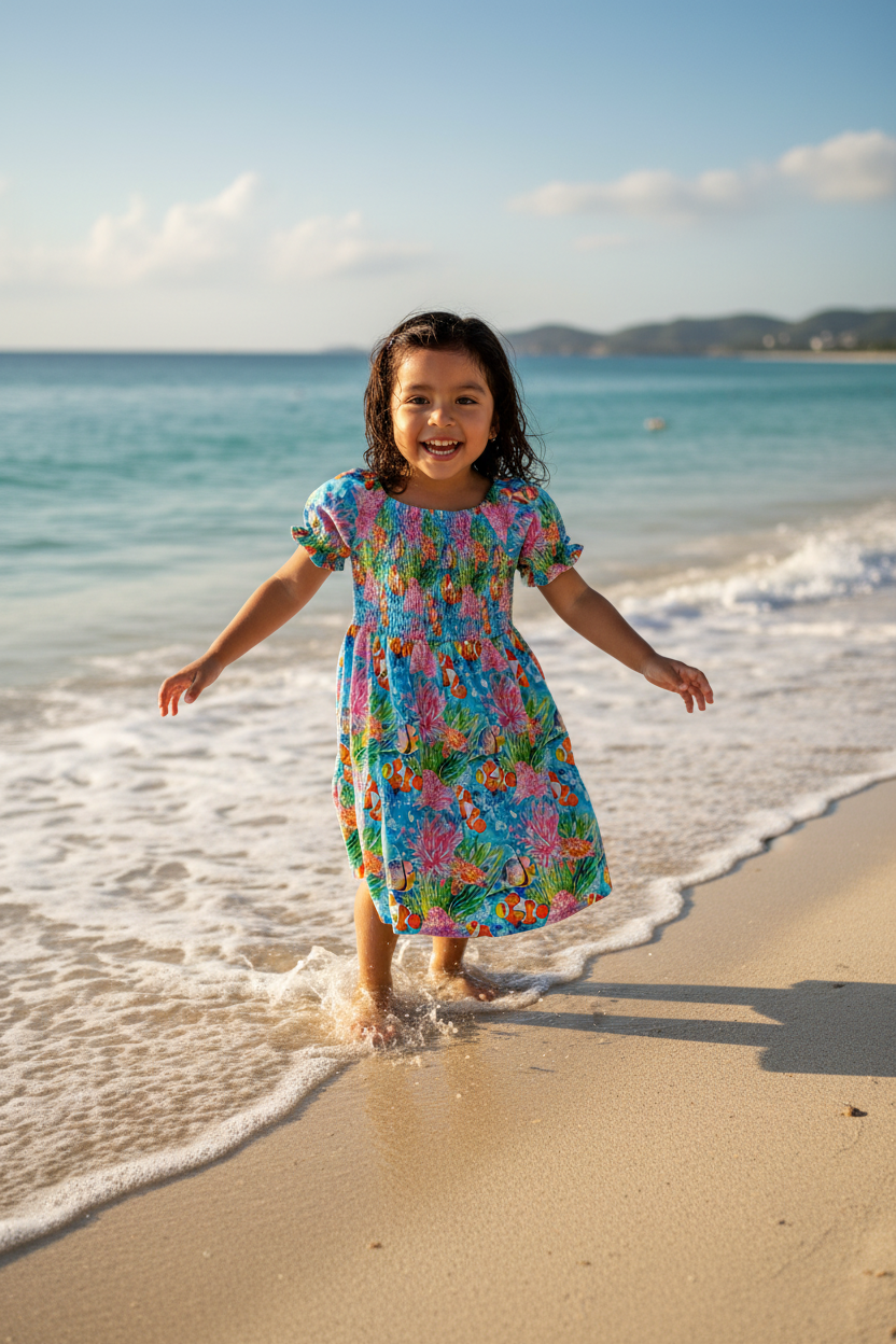 Coral Reef Short Sleeve Smocked Twirl Dress