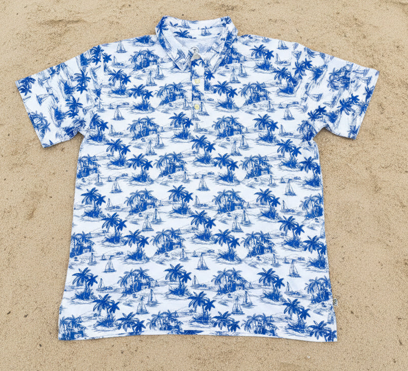 Men’s White Blue Toile Beach Polo