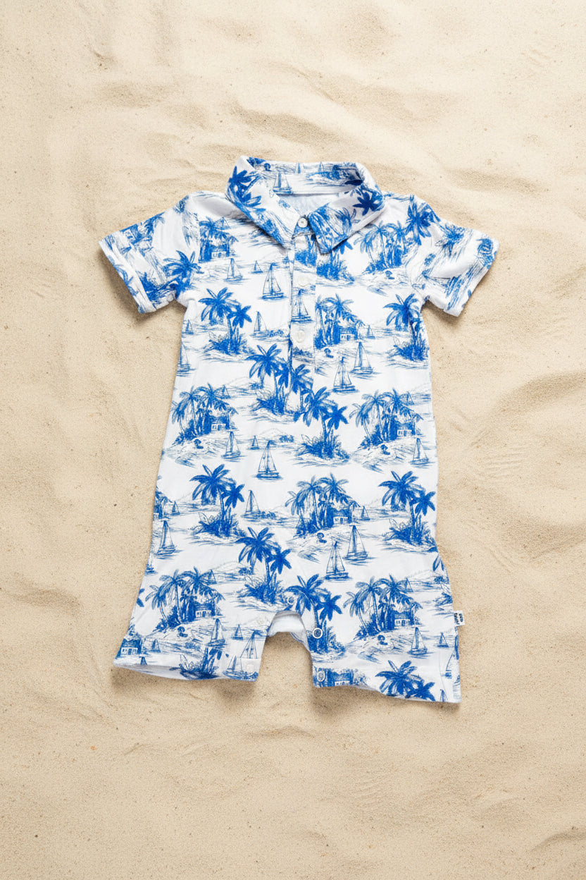White Blue Toile Beach Polo Shorty