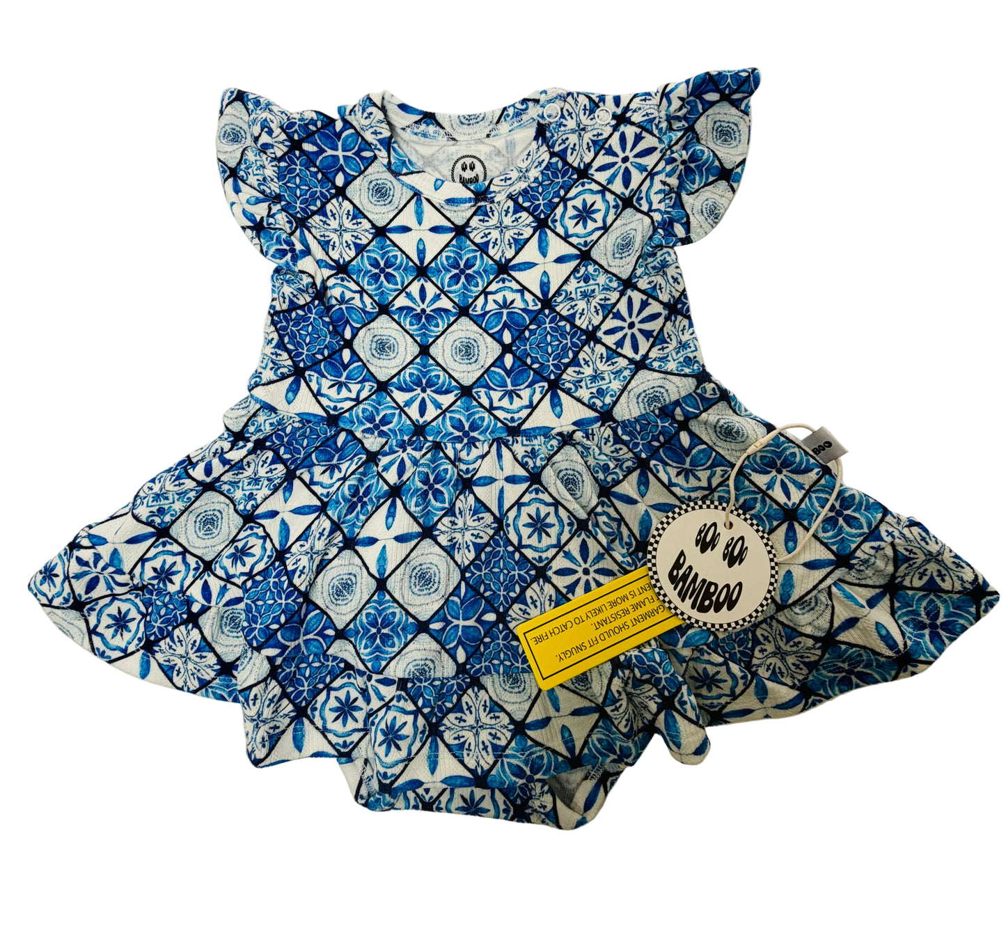 Mediterranean Tile Pointelle Short Sleeve Twirl Dress