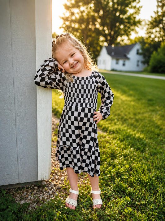 Toasted Checks Ribbed Smocked Twirl Dress