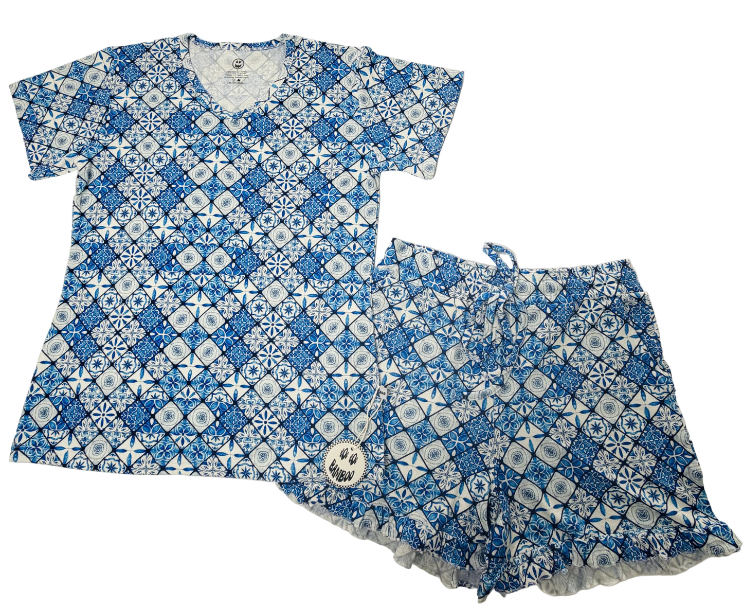 Mediterranean Tile Pointelle Women’s Short Ruffle PJ Set