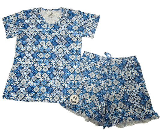 Mediterranean Tile Pointelle Women’s Short Ruffle PJ Set