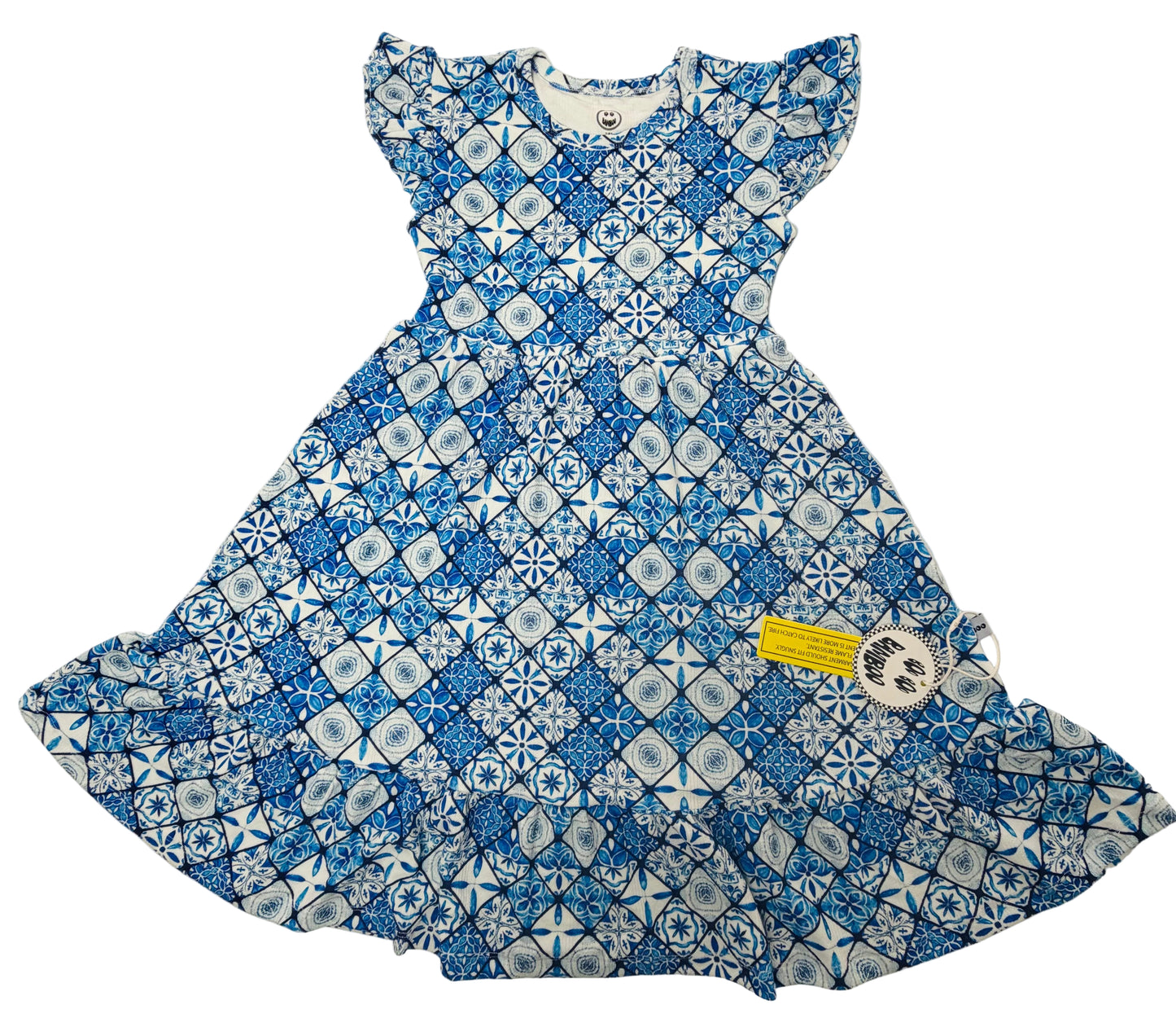 Mediterranean Tile Pointelle Short Sleeve Twirl Dress